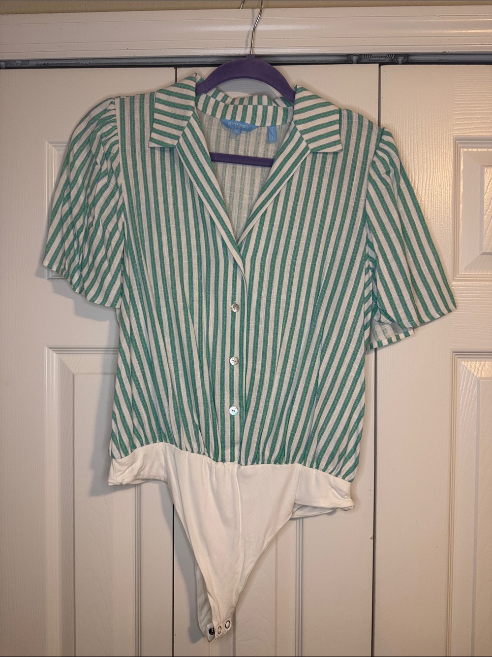 Draper James Green & White Striped Button-Front Bodysuit
